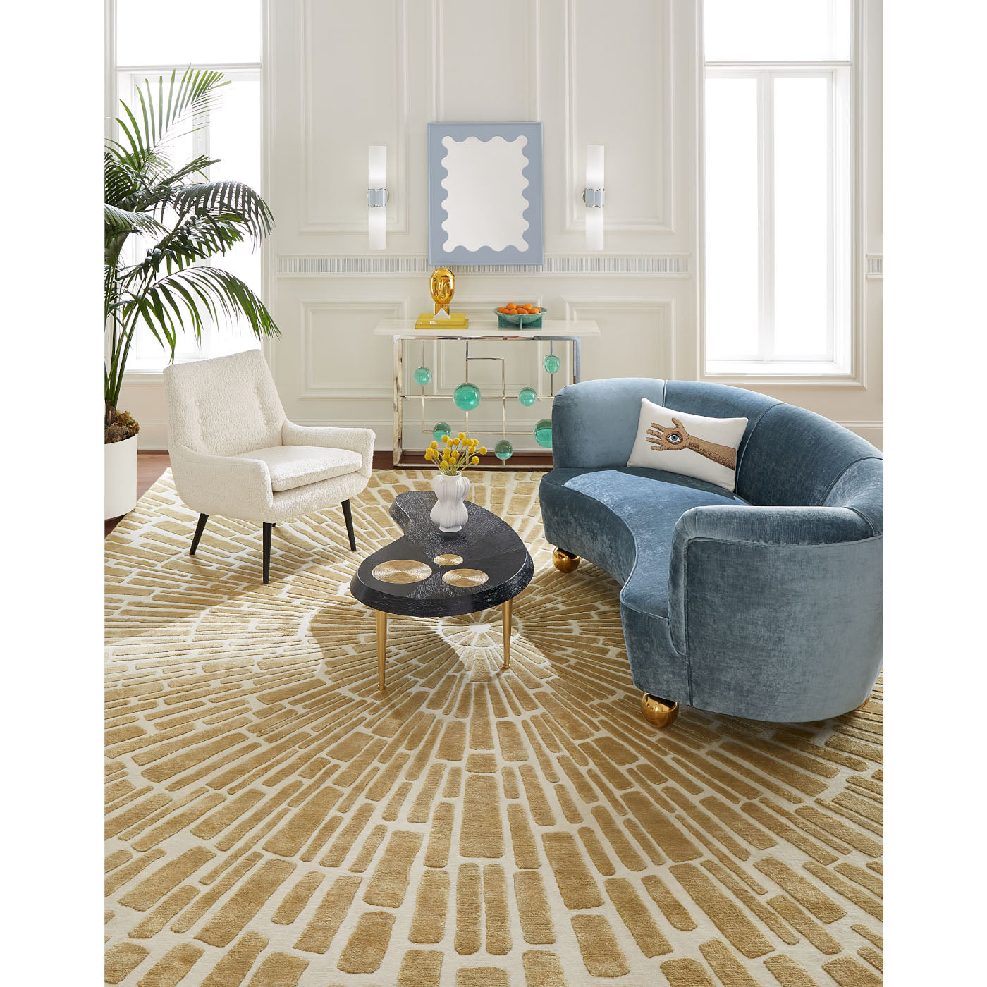 mrs. godfrey chair pecore natural parker curved sofa trocadero kidney ottoman globo fretwork console - styled view