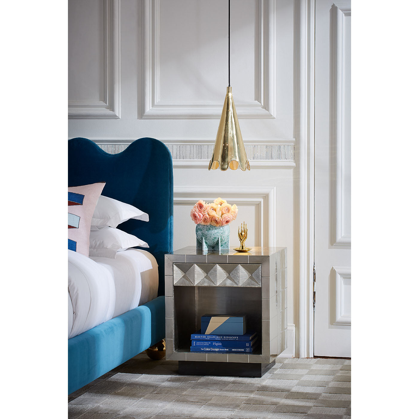 talitha bedside table ripple bed brass ripple pendant - styled view 1