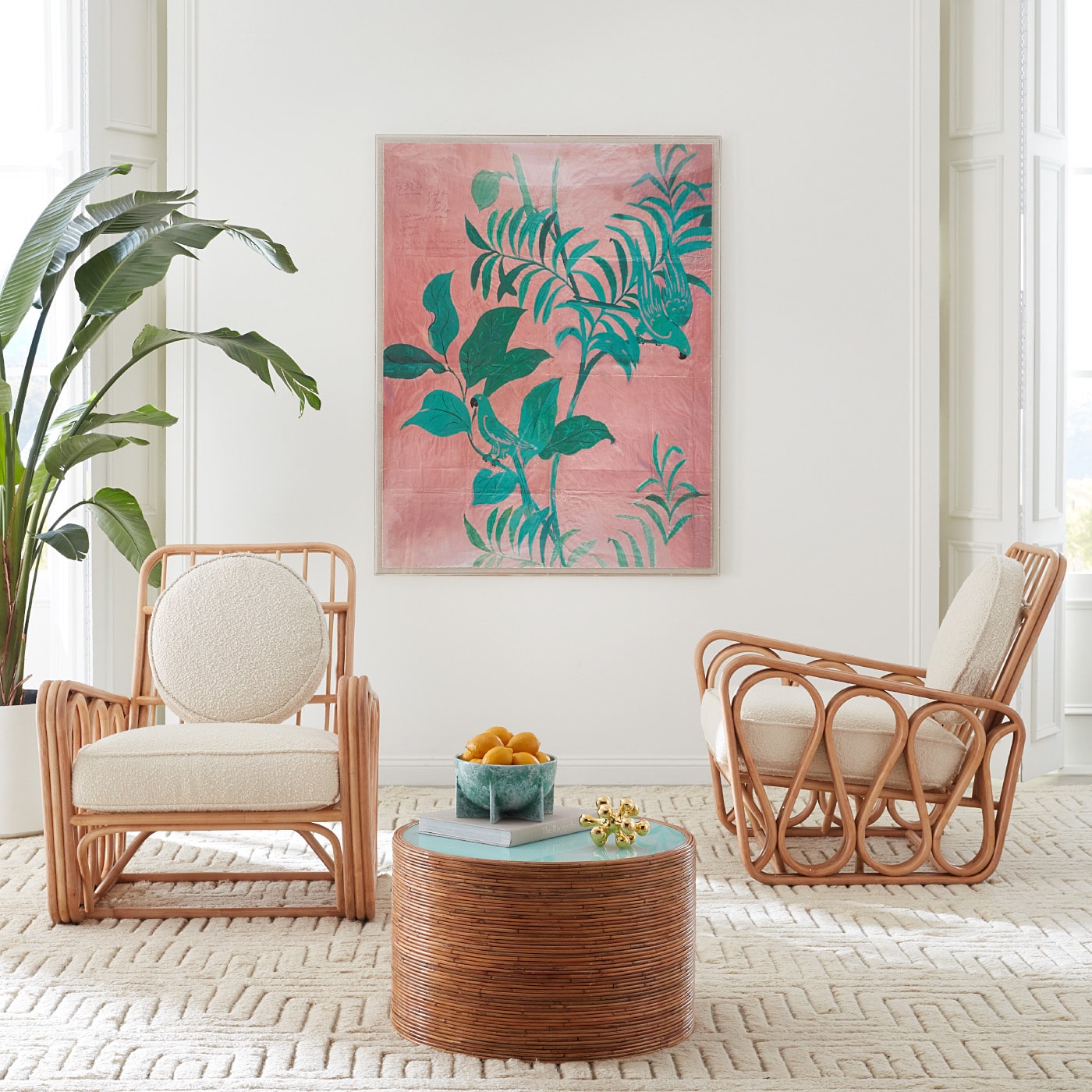 paule marrot, pink birds print lampert sofa - styled view