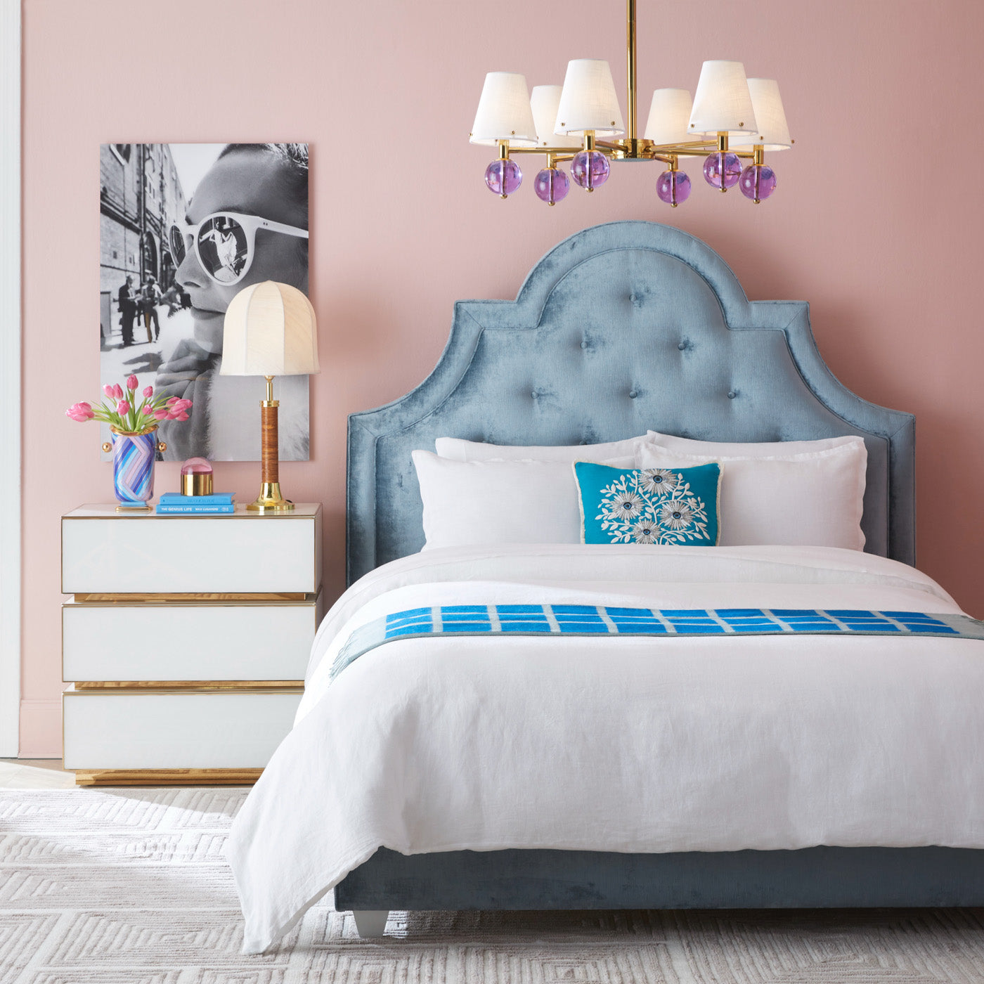 belvedere six light chandelier woodhouse queen bed torino three drawer console - styled view