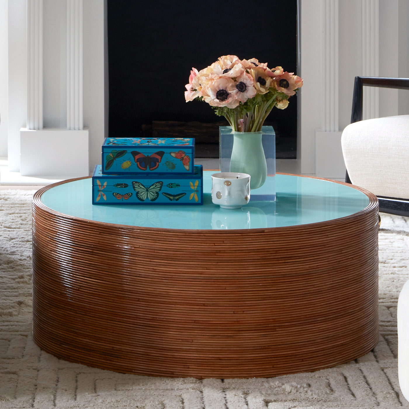 bel air scoop vase gilded muse candle botanist lacquer boxes large riviera cocktail table - styled view