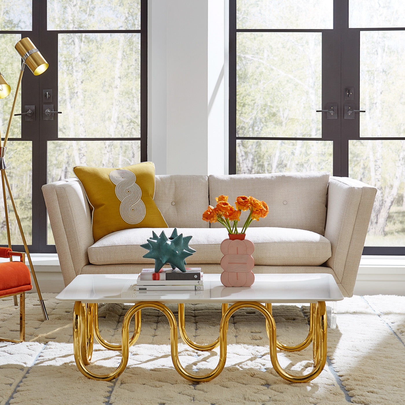 sebastain apartment sofa scalinatella rectangular cocktail table channeled goldfinger chair - styled view