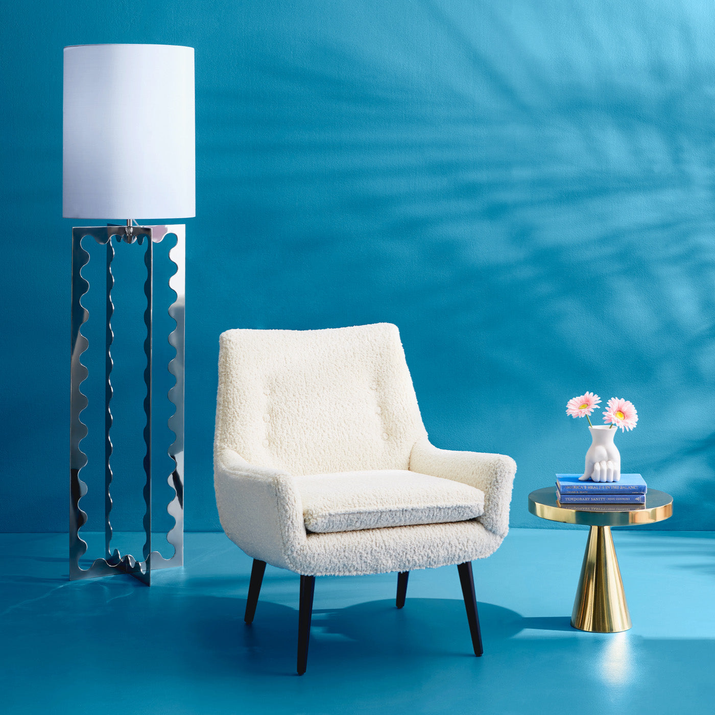 marcel vase mrs. godfrey chair in boucle ripple floor lamp - styled view