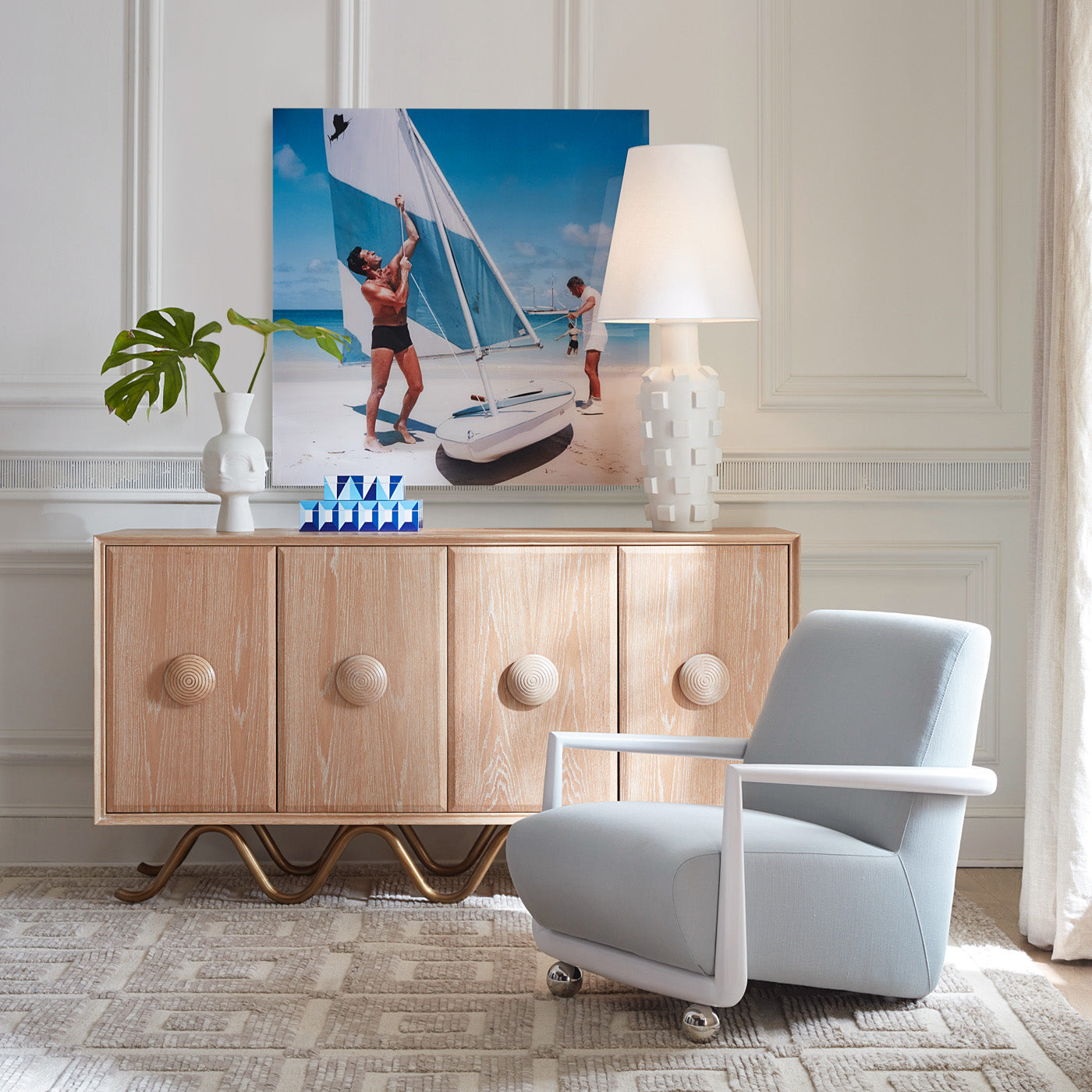 st germain hand knotted rug st germain club chair brussels buffet charade blocks table lamp - styled view