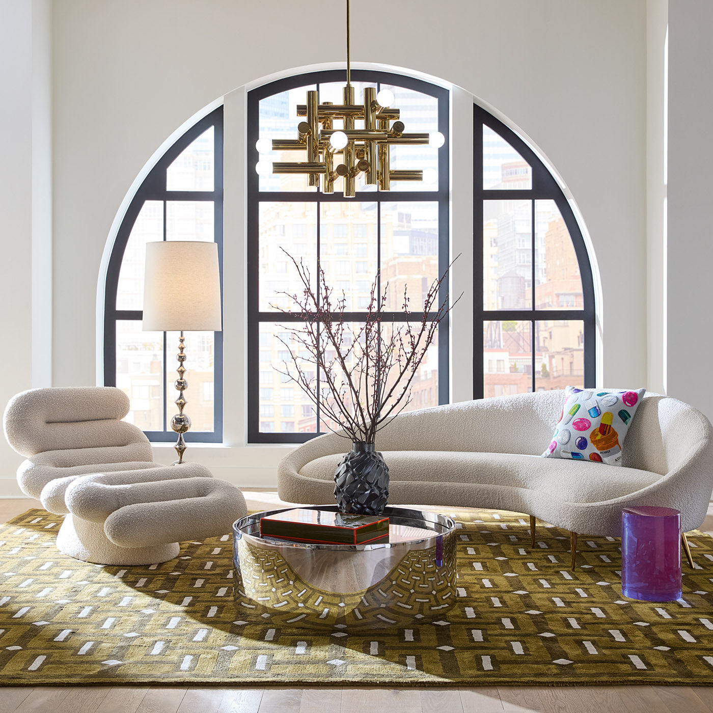 milano kinetic chandelier brass with Serpentine Chaise