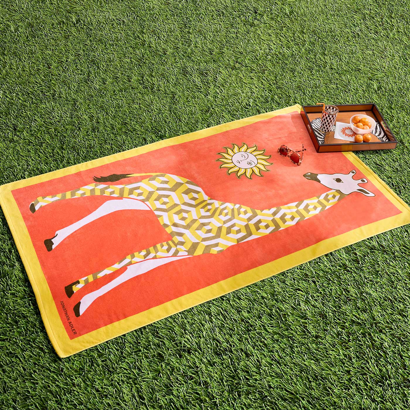 Giraffe Beach Towel with Zebra tray styled shot