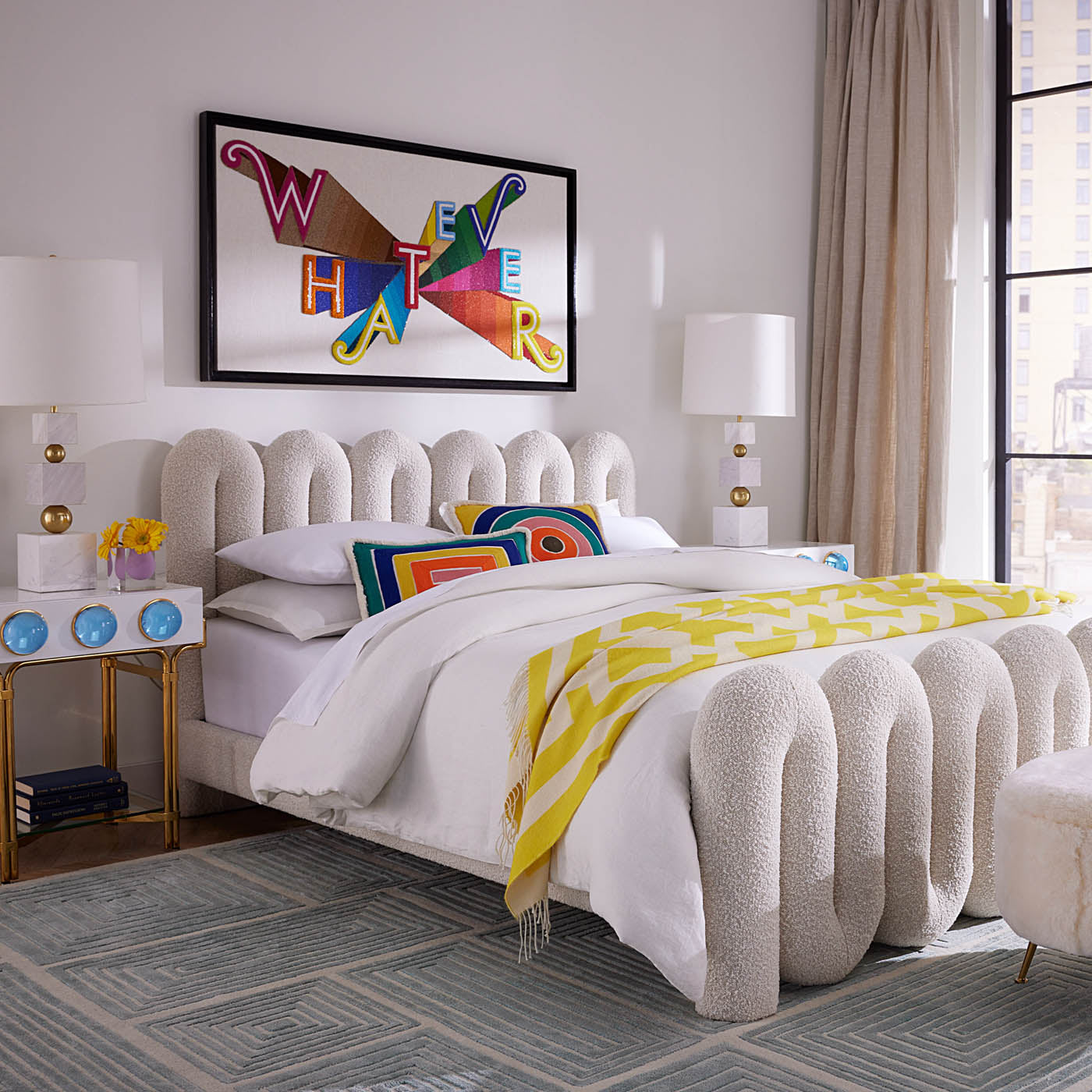 Serpentine Bed Queen with table lamp