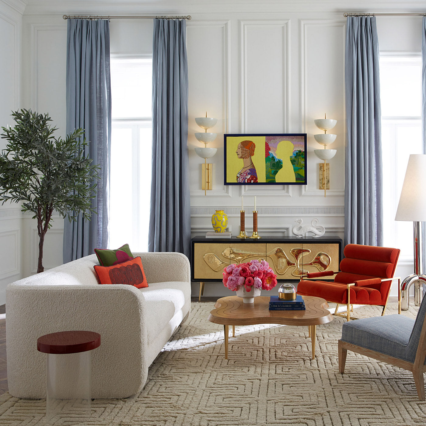 sunset sofa varese azure scalinatella cocktail table channeled goldfinger lounge chair siam etagere - styled view