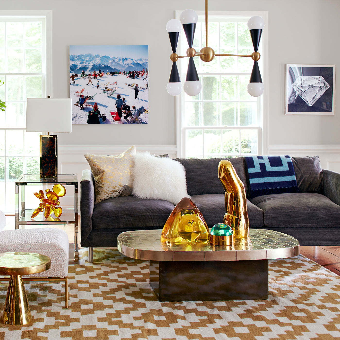 topanga sofa caracas six light chandelier living room - styled view