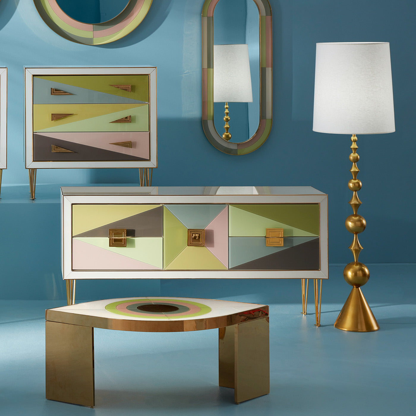 harlequin floor lamp nickel haines chairs - styled view