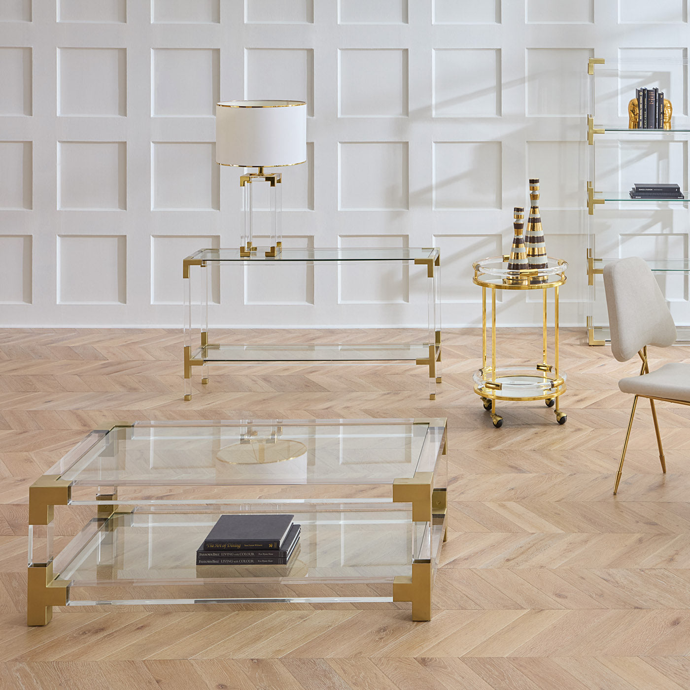 jacques console glass shelf brass acrylic frame collection view