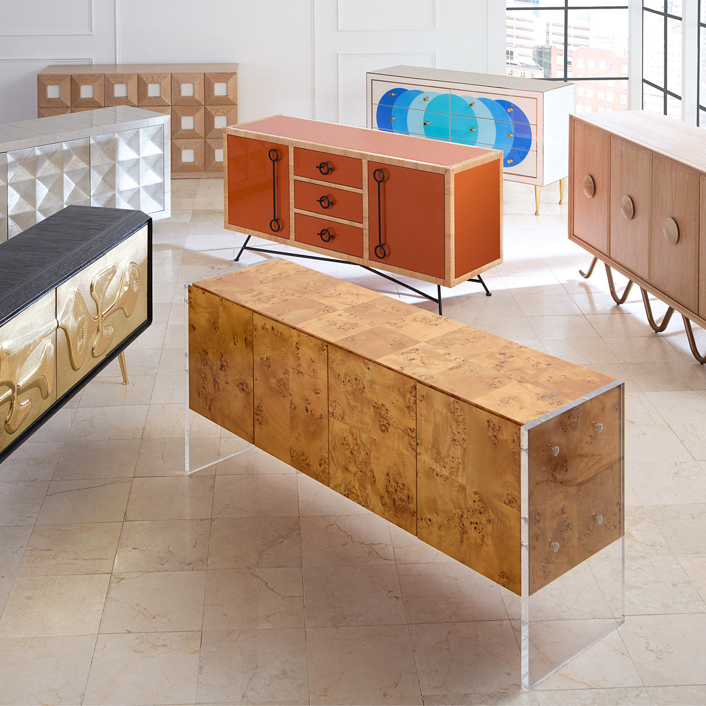 bond credenza burl wood clear acrylic frame - angle view