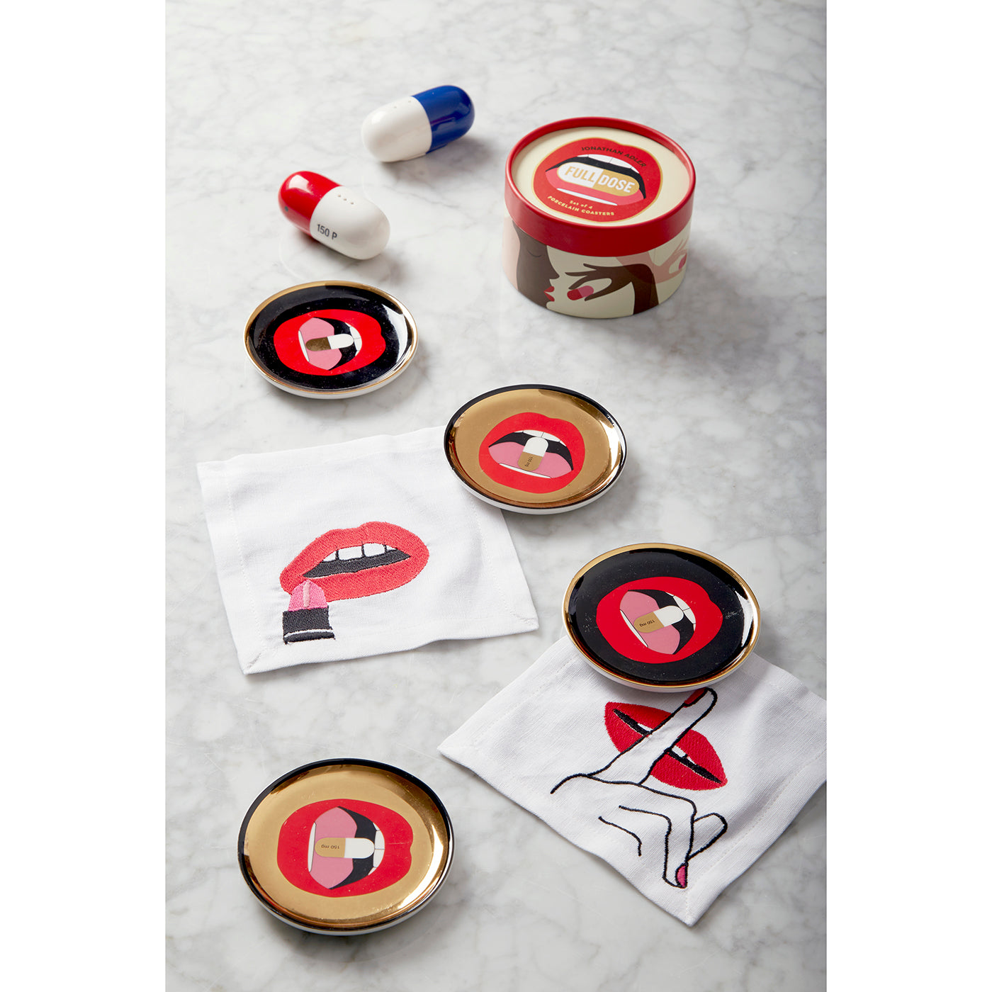 lips cocktail napkins cotton linen red black - view 1