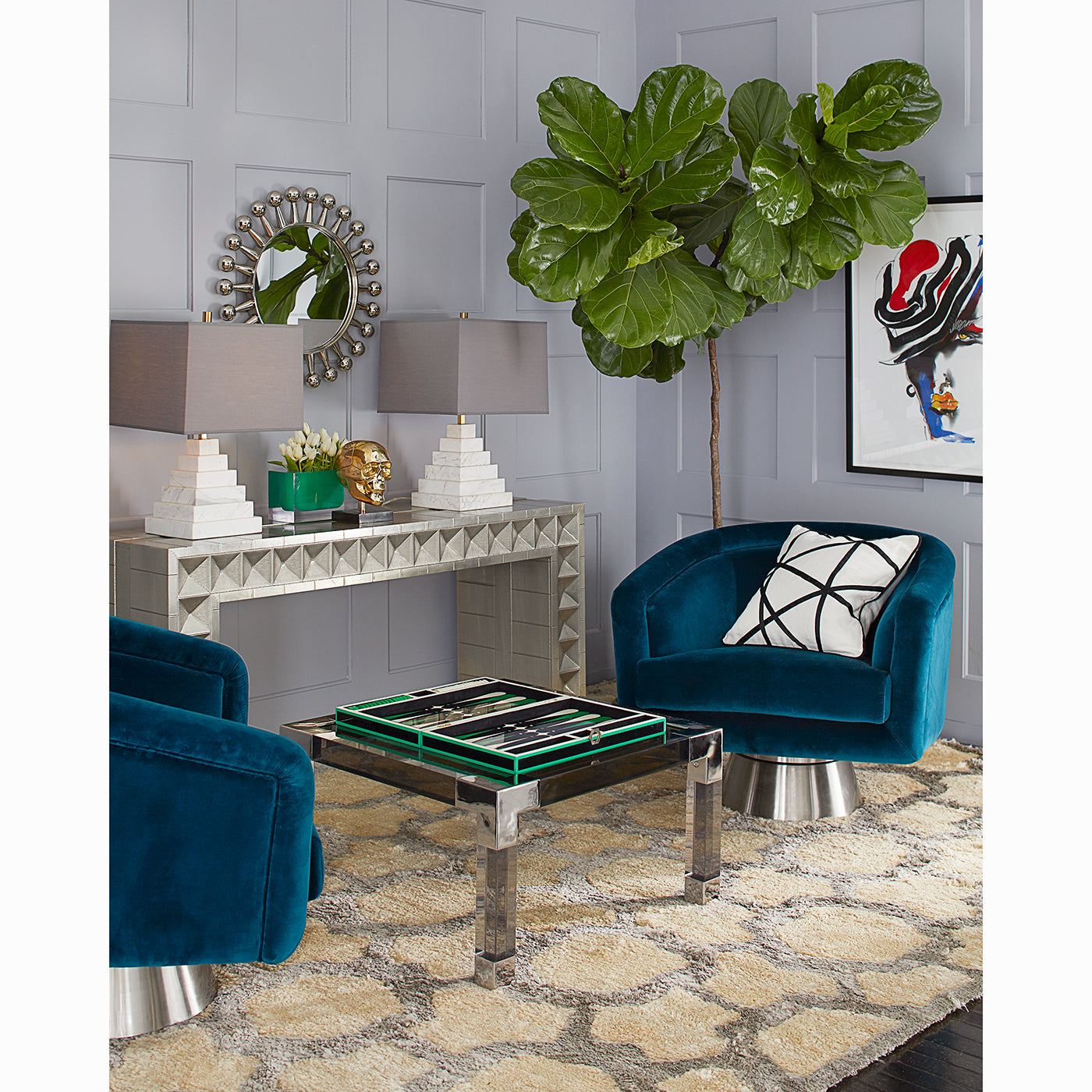 talitha waterfall console bacharach swivel chairs jacques cocktail table living room - styled view