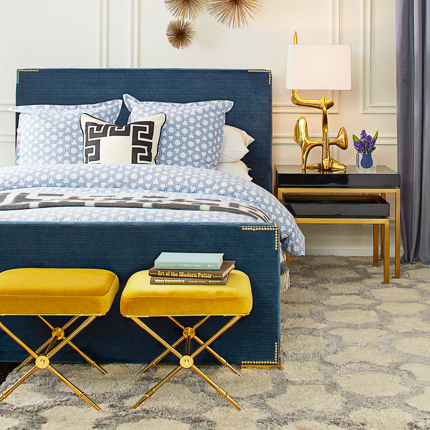 rider x-bench rialto gold connery bed queen bedroom - styled view