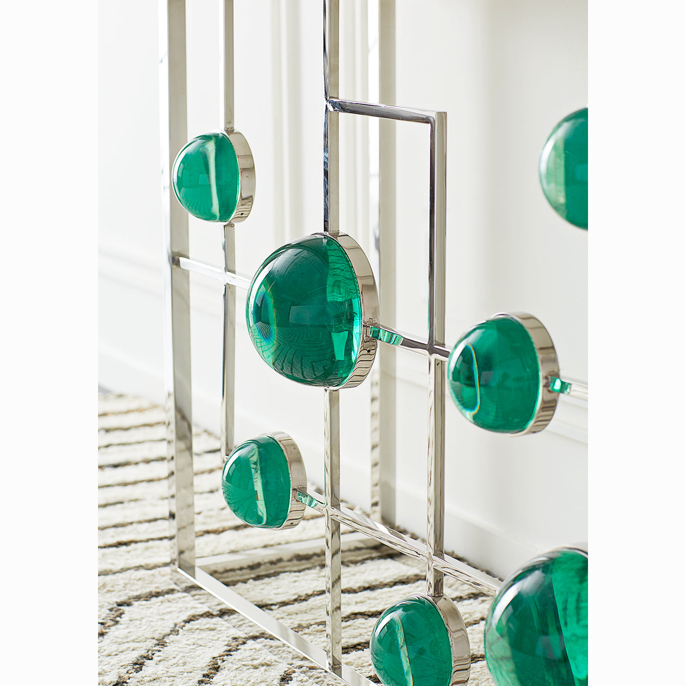 globo fretwork console marble top nickel frame emerald acrylic globes - angle view