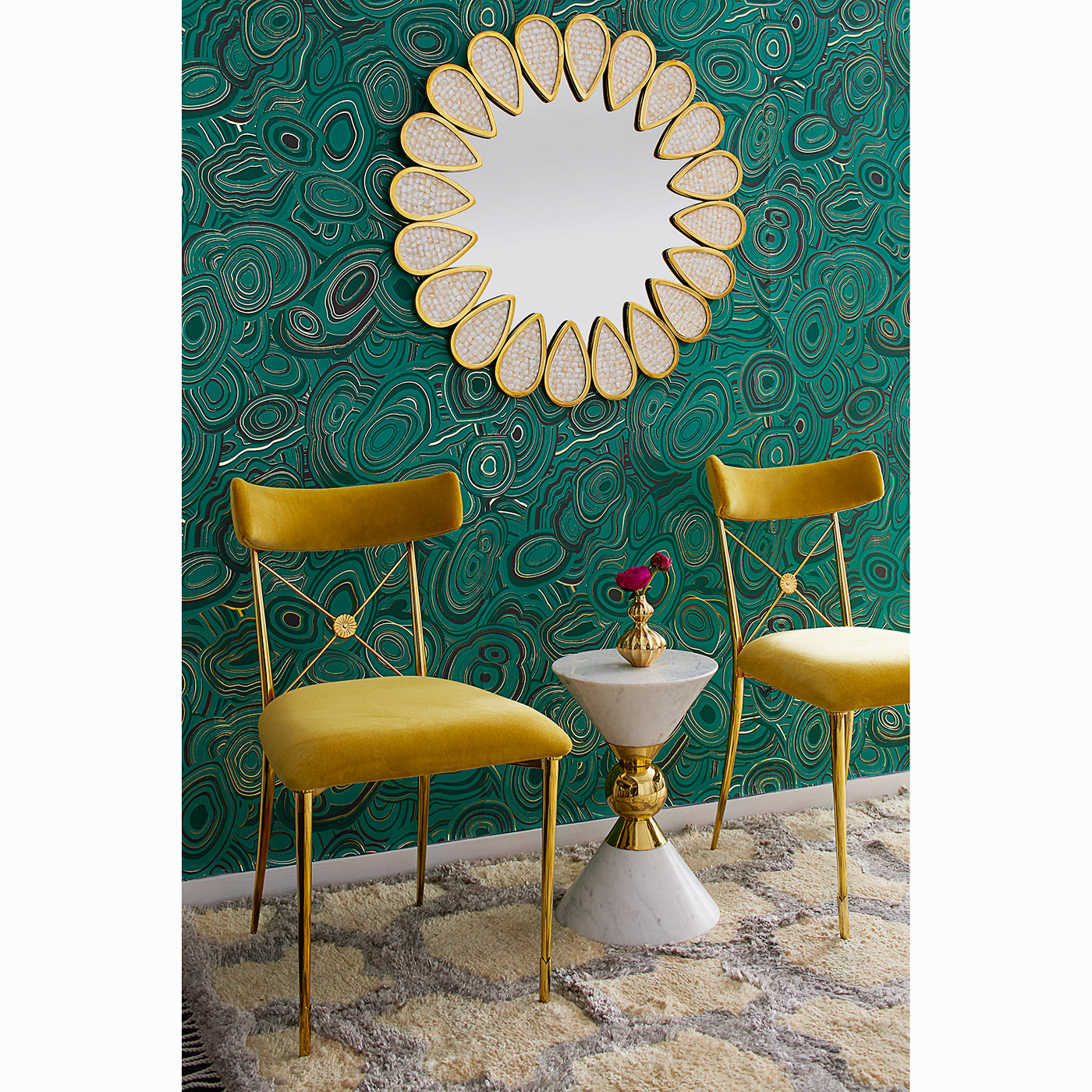canaan accent table rider dining chairs petal mirror - styled view