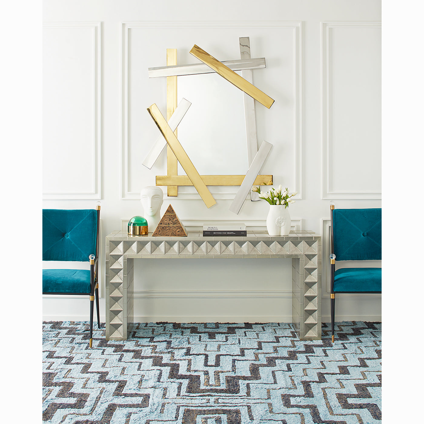 talitha waterfall console electrum mirror rider arm chairs vignette - styled view