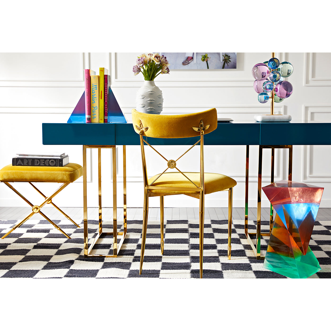 rider x-bench rialto gold rider dining chair caine desk home office - styled view