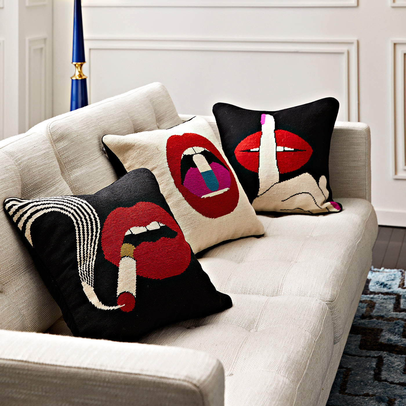 lips needlepoint pillow collection - styled view 2
