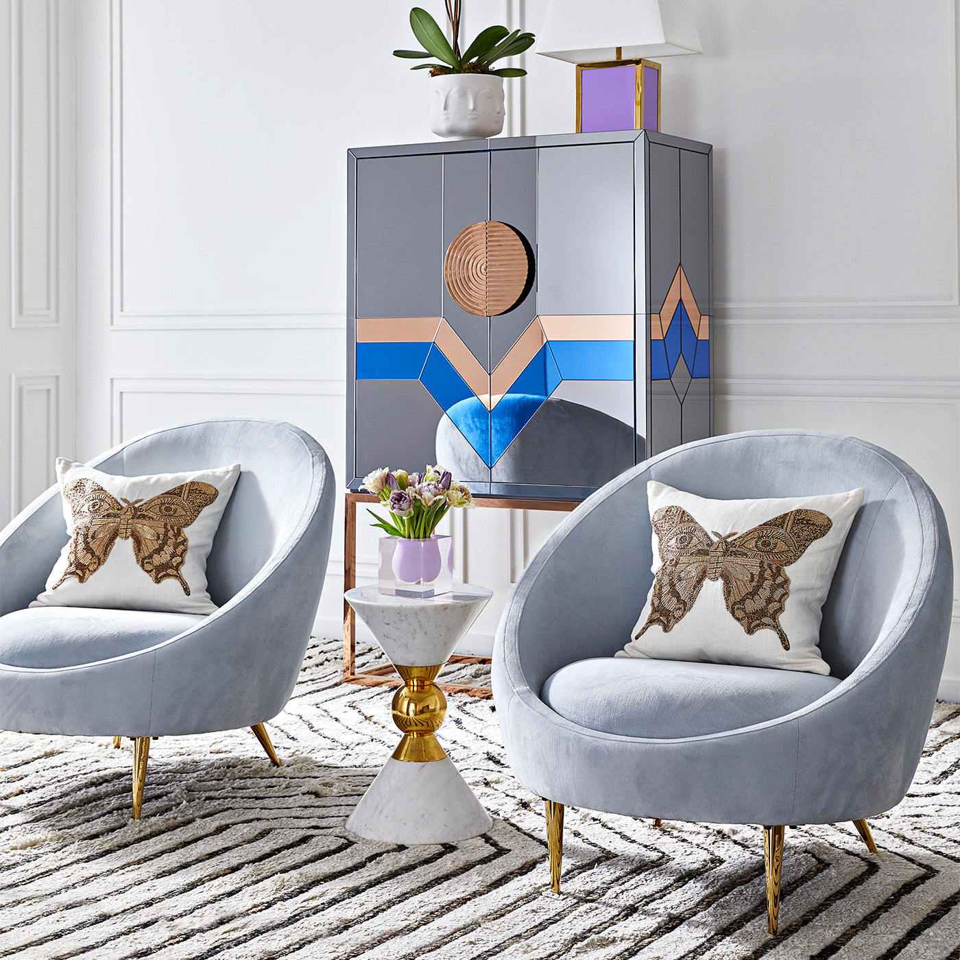 muse butterfly throw pillows ether chairs - styled view