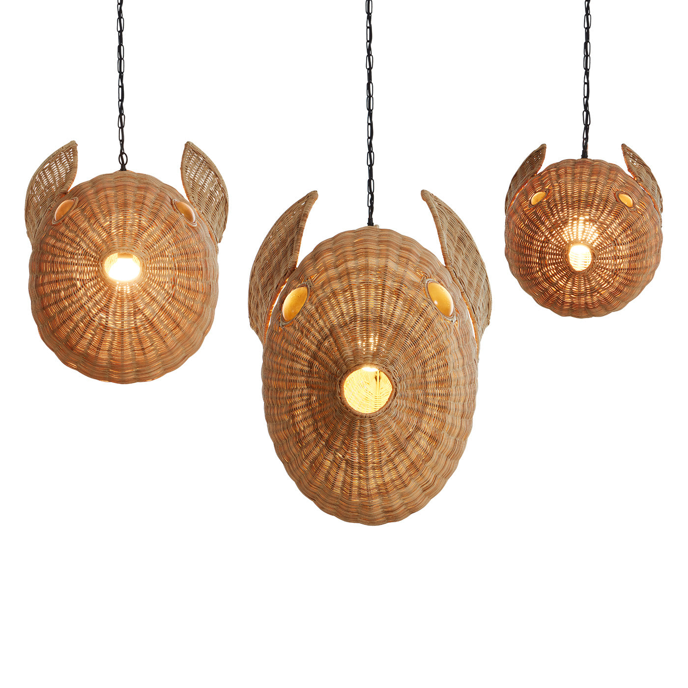 Wicker Blow Fish Pendant Large - light on group side view