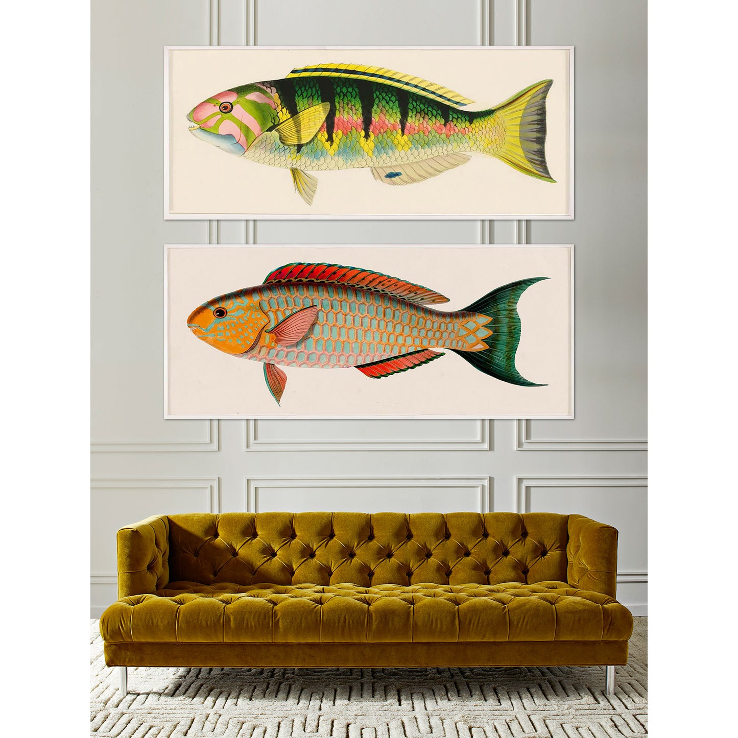 bennet fish 3 print baxter t-arm sofa - styled view