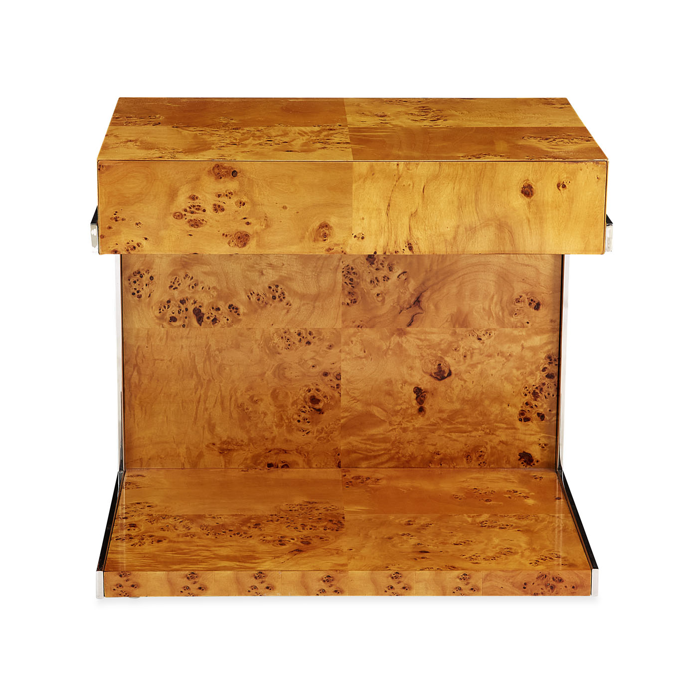 bond cantilevered side table burl wood stainless steel frame - side view