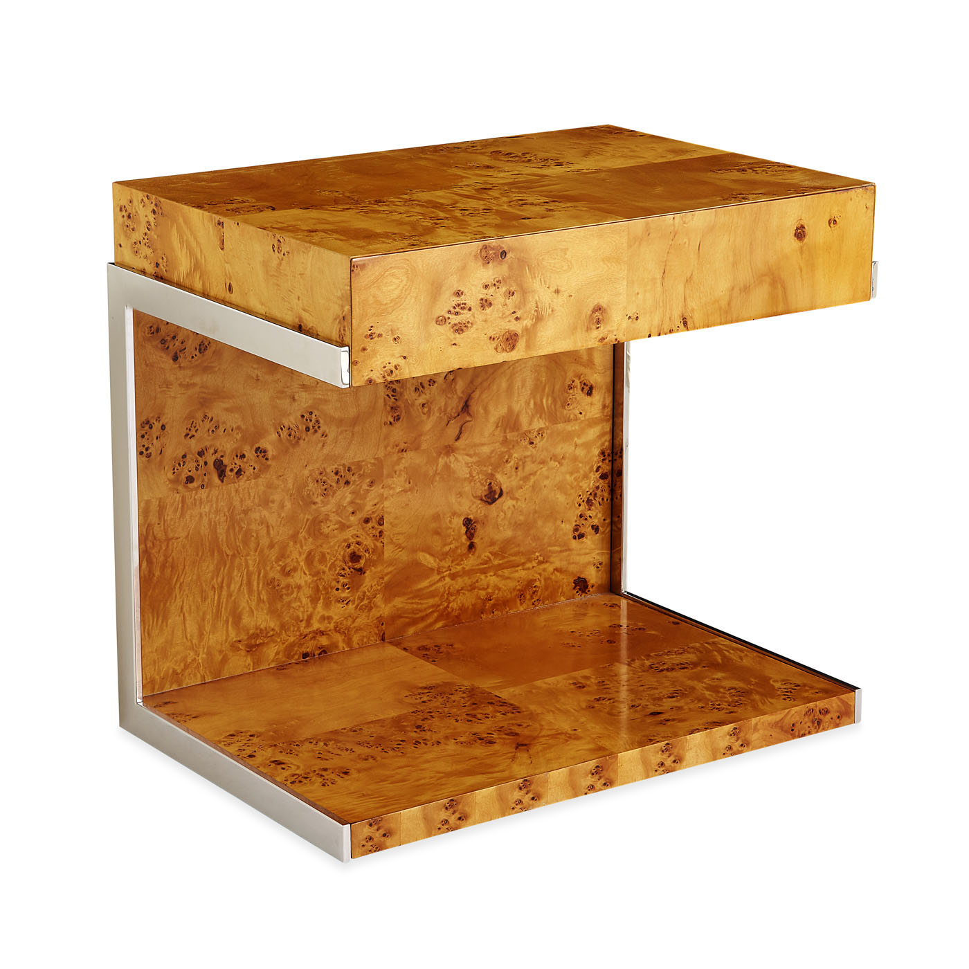bond cantilevered side table burl wood stainless steel frame - angle view