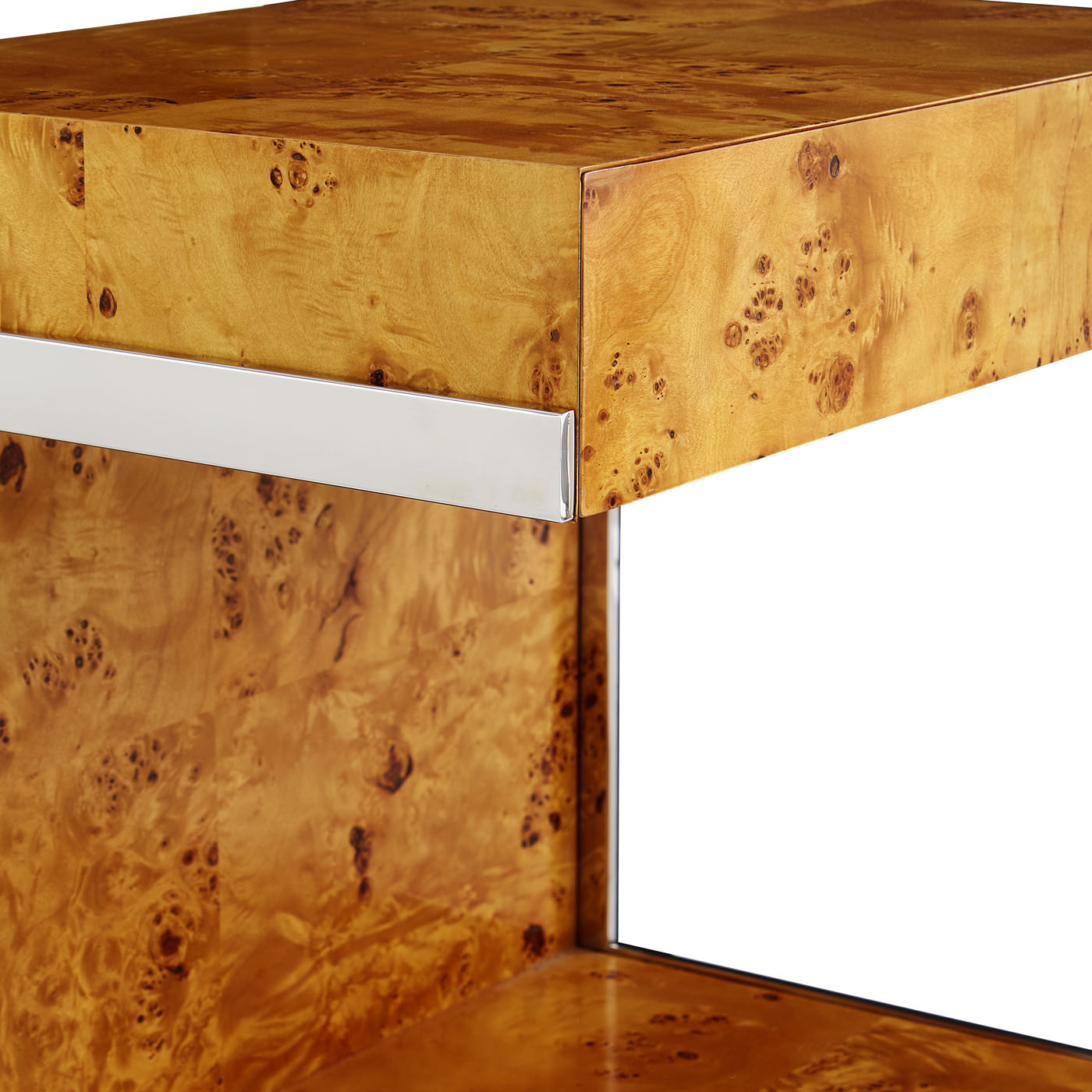bond cantilevered side table burl wood stainless steel frame - detail view