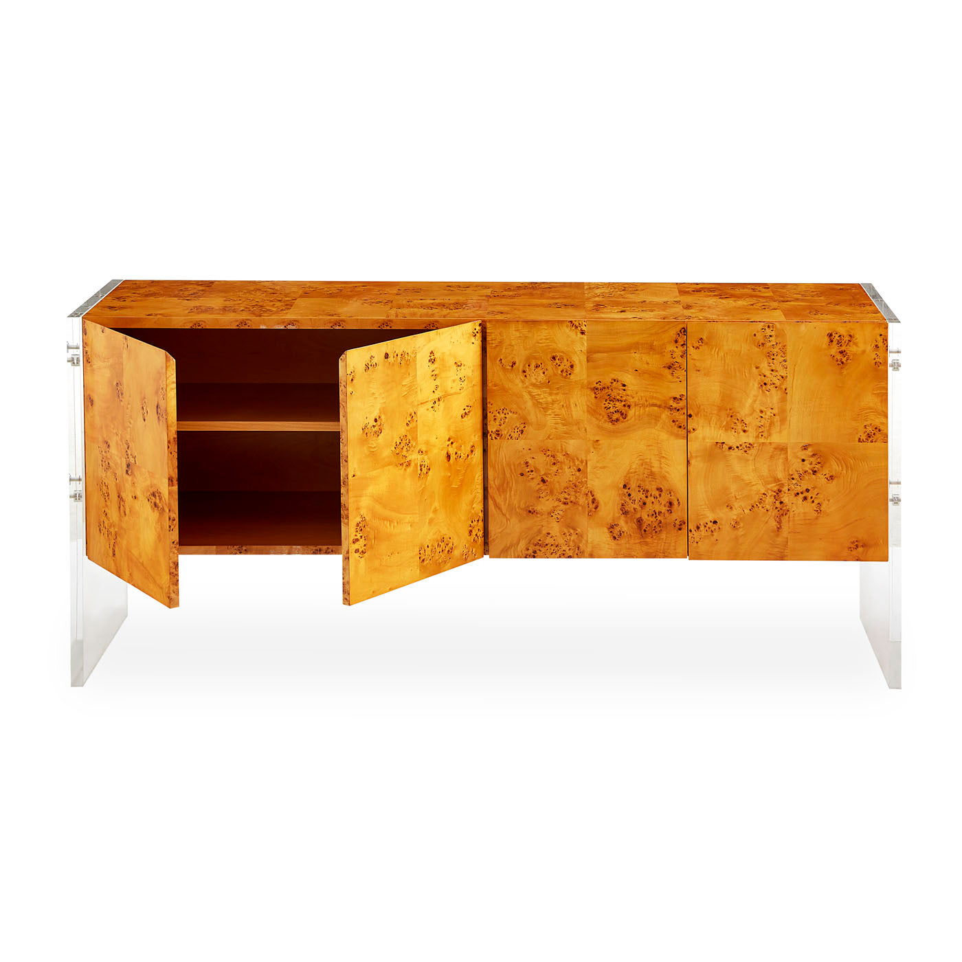 bond credenza burl wood clear acrylic frame - open angle view 1