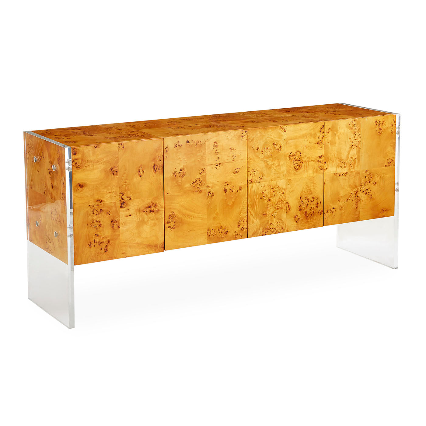 bond credenza burl wood clear acrylic frame - open front view
