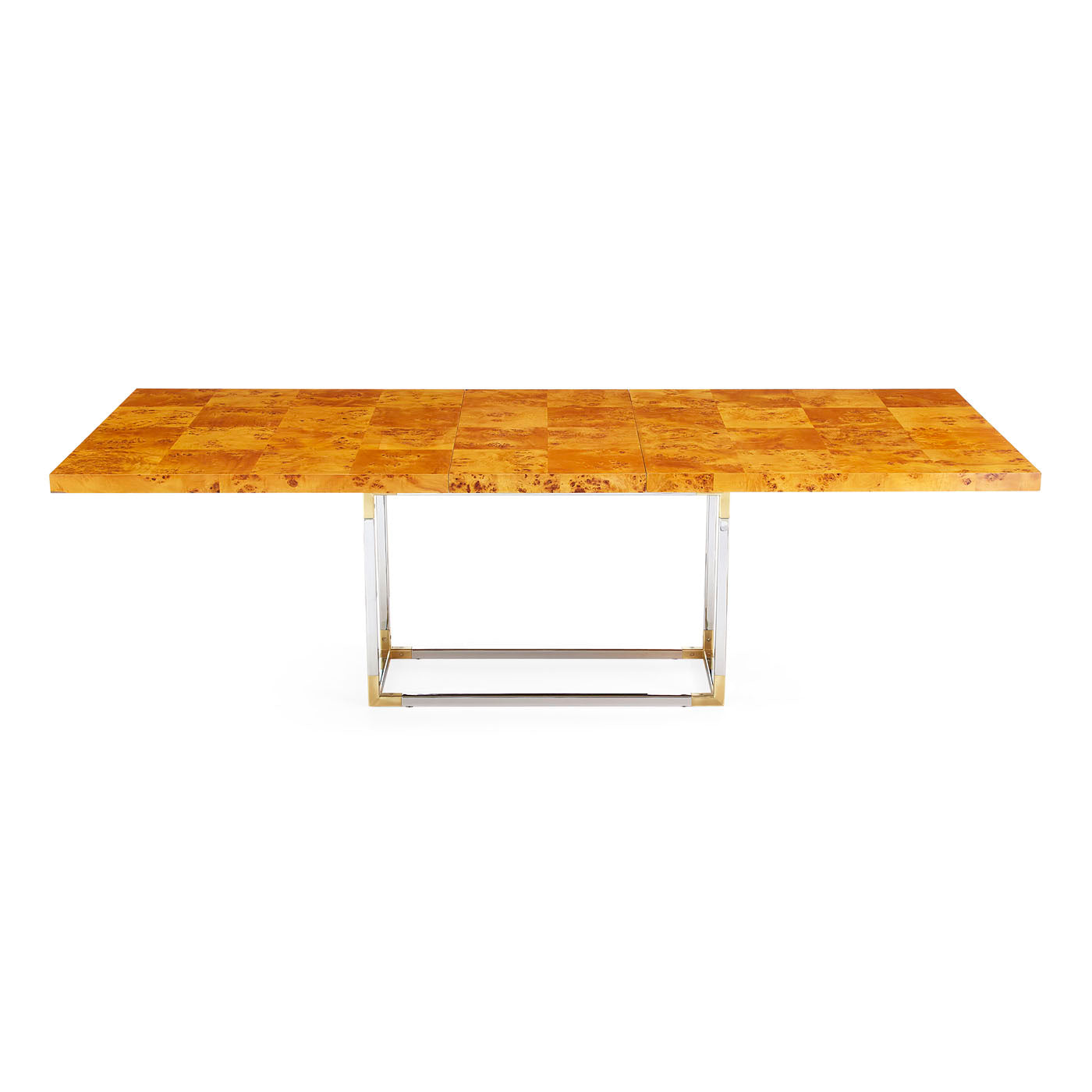 bond dining table burl wood nickel brass base with leaf - front view