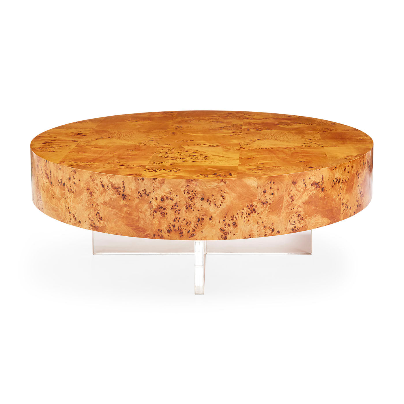 bond round cocktail table burled wood clear acrylic base - front view