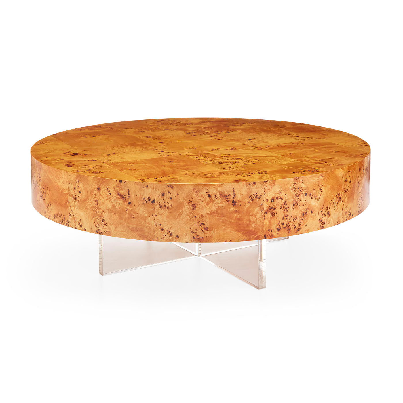 bond round cocktail table burled wood clear acrylic base - detail view
