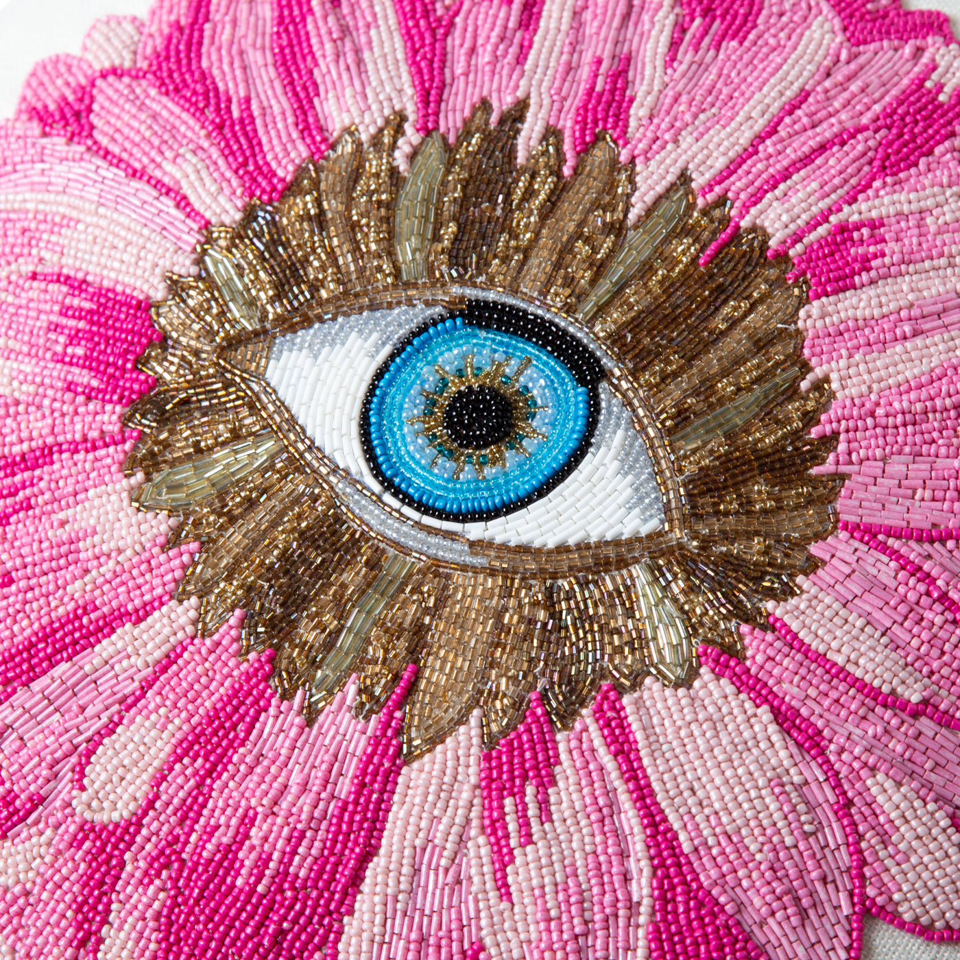 petals beaded pillow pink gold blue glass beads on linen - detail view