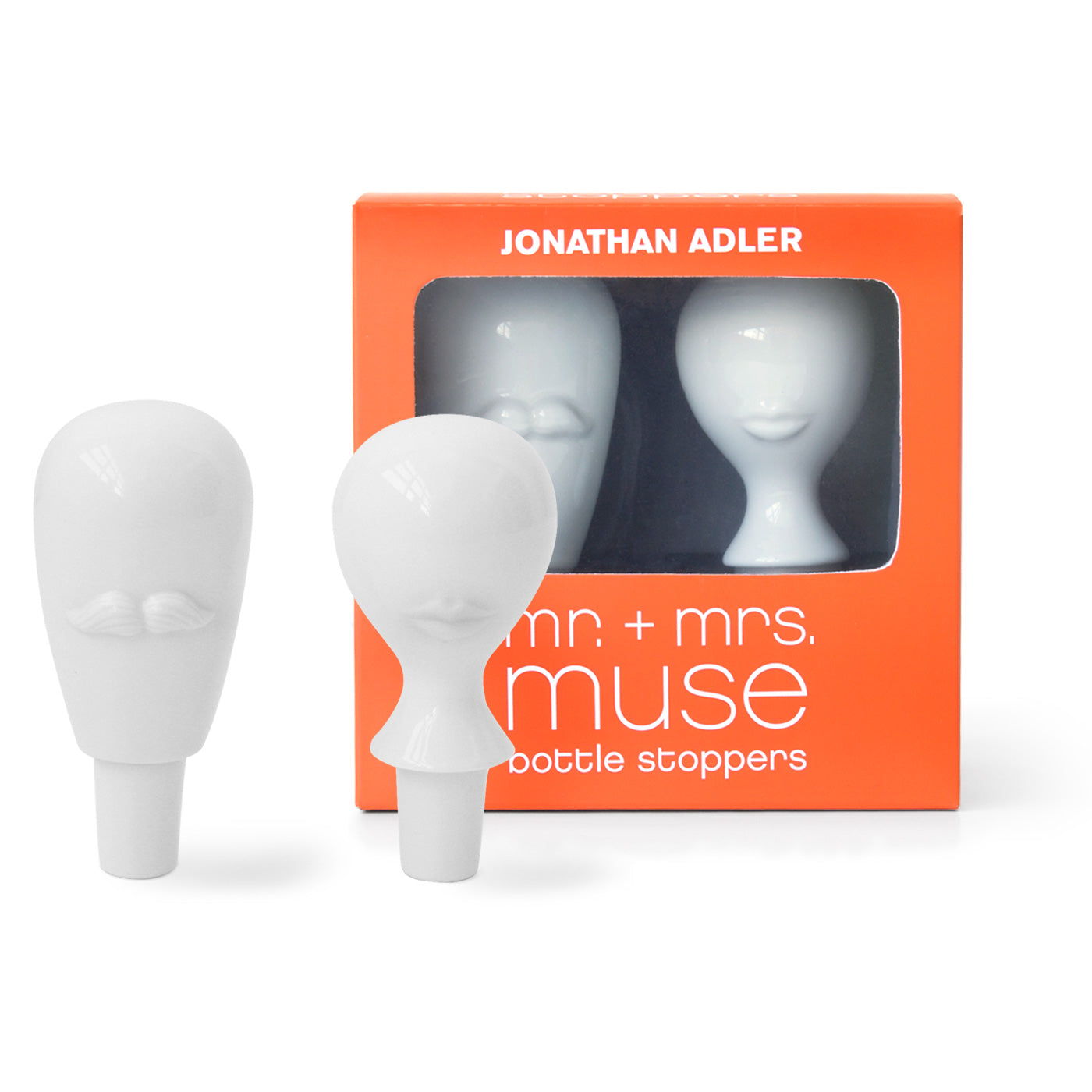 mr. and mrs. muse bottle stopper porcelain white with box - front view