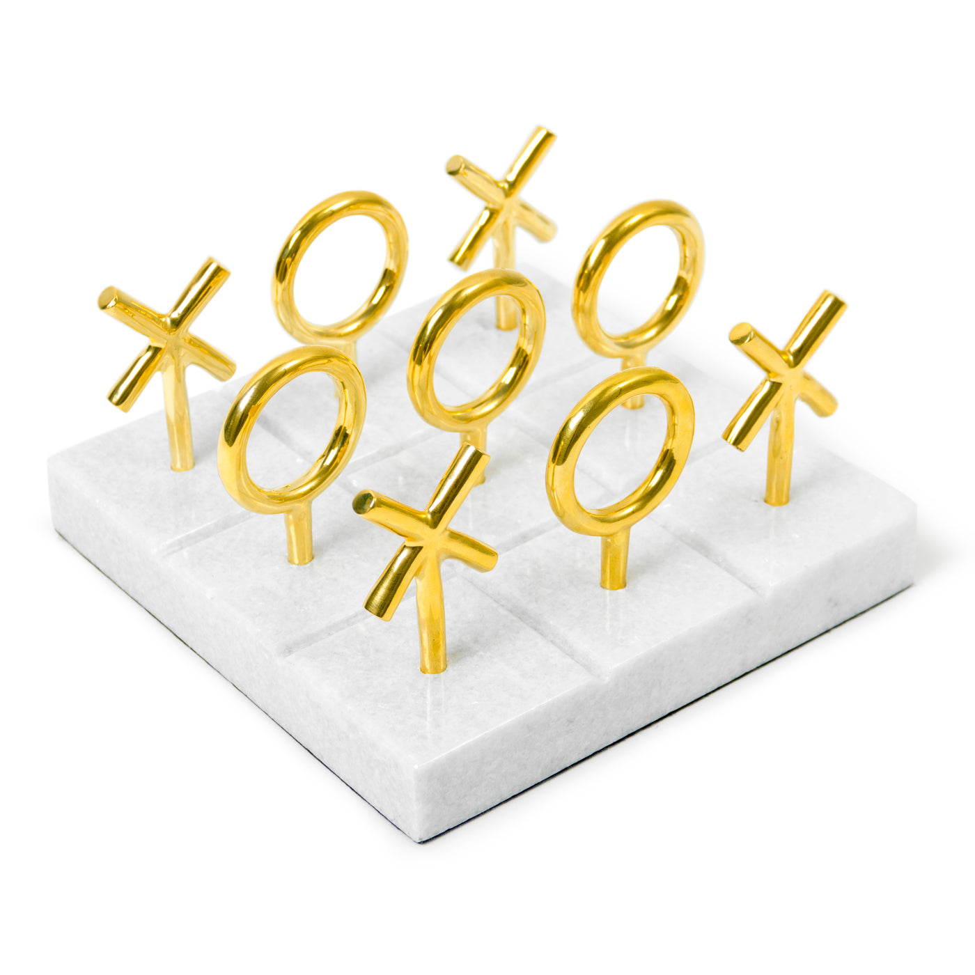 brass tic-tac-toe set marble base - game on view