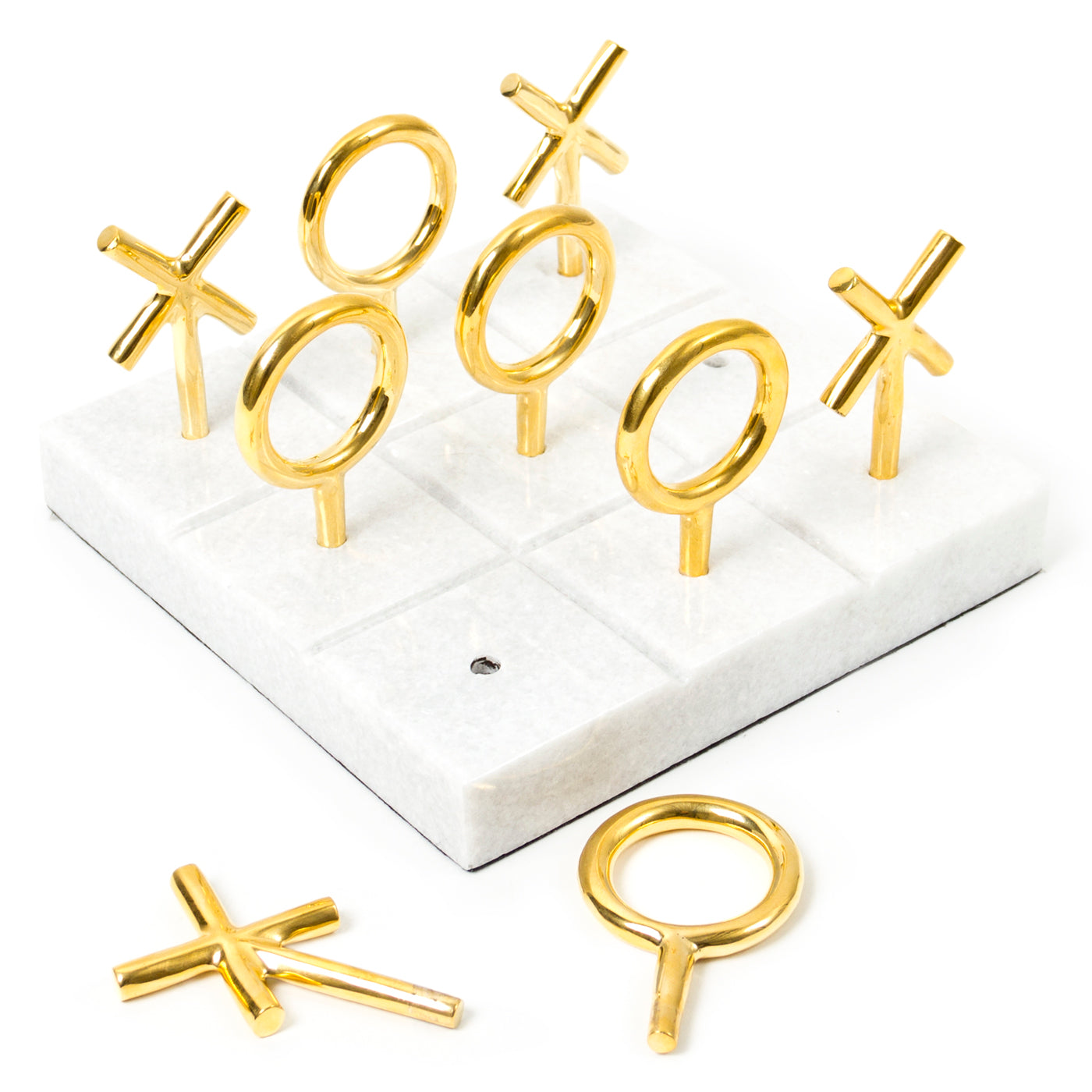 brass tic-tac-toe set marble base - angle view