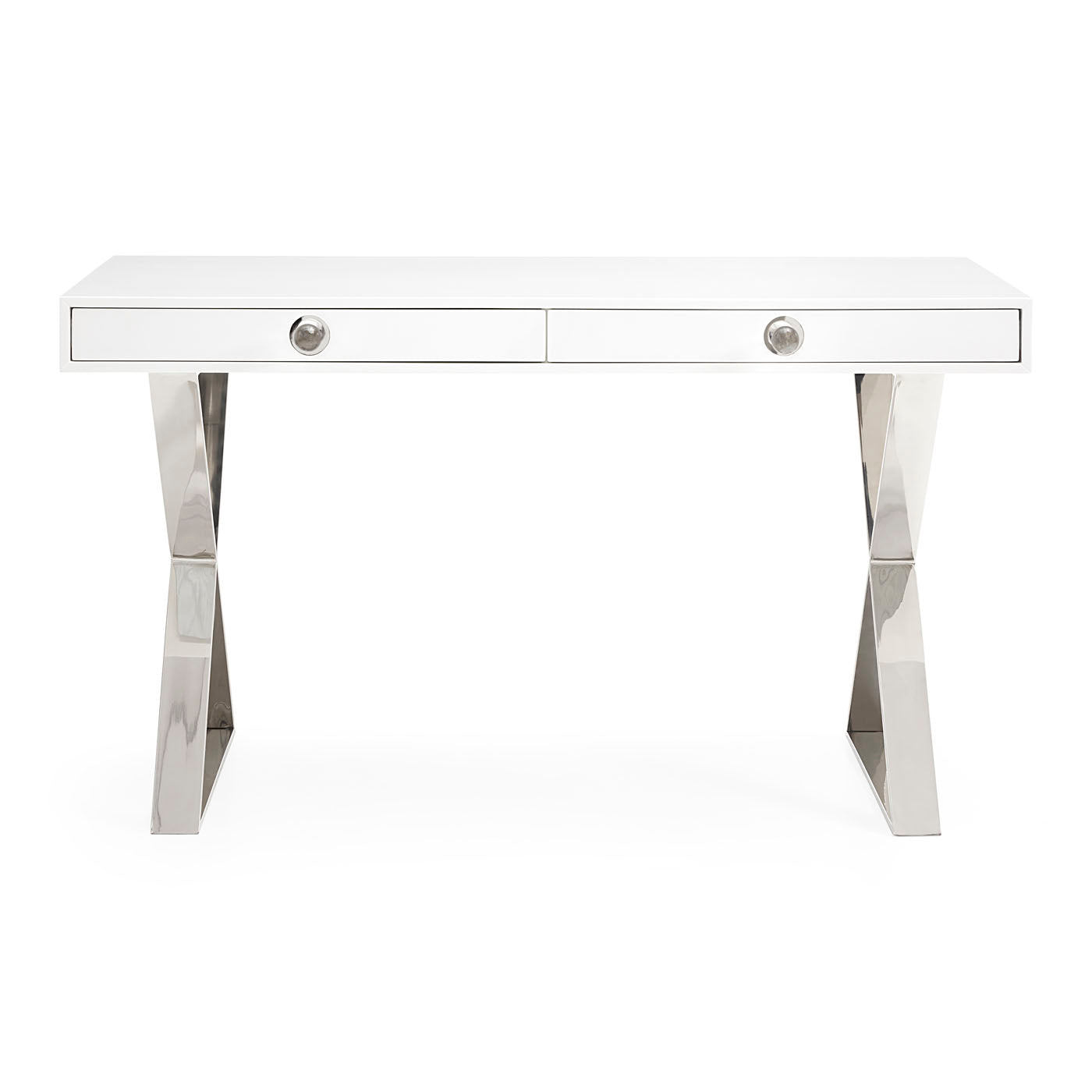 channing desk white lacquer nickel frame clear acrylic handles - open front view