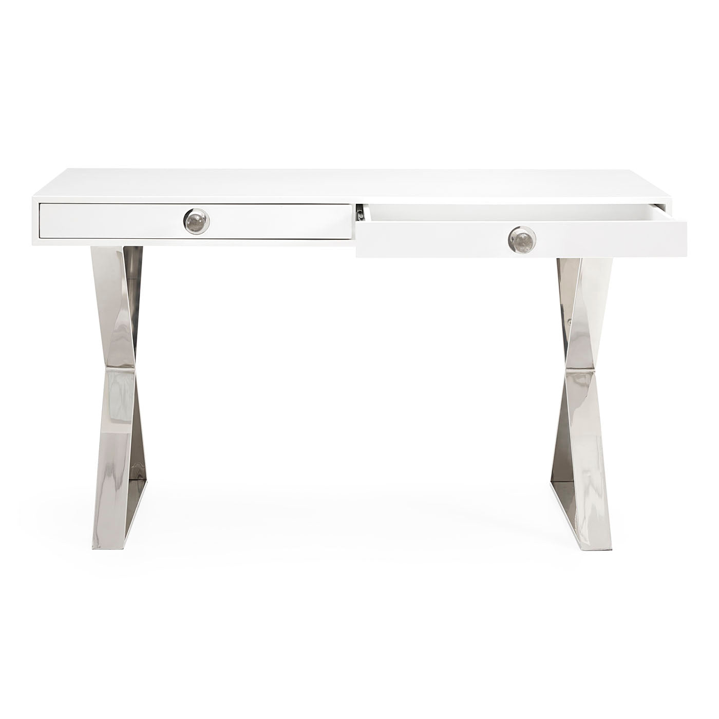 channing desk white lacquer nickel frame clear acrylic handles - side view
