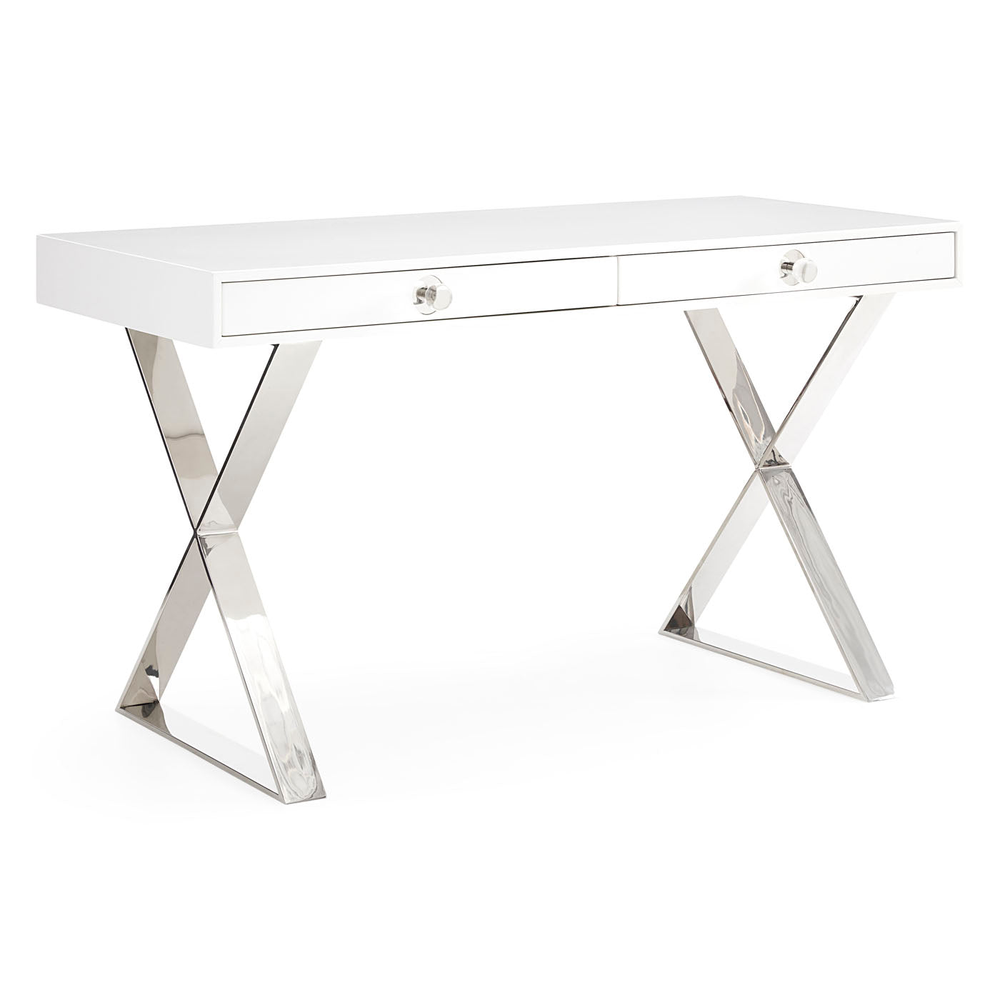 channing desk white lacquer nickel frame clear acrylic handles - angle view