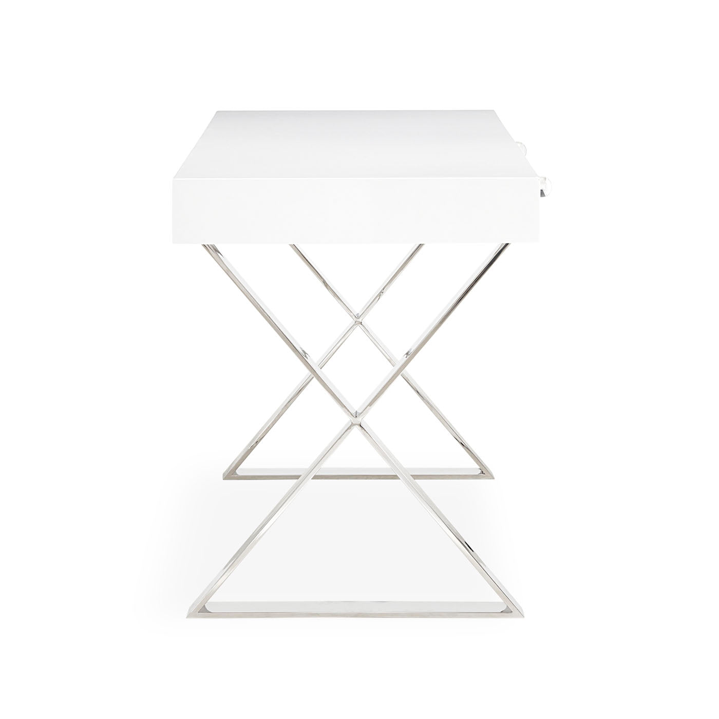 channing desk white lacquer nickel frame clear acrylic handles - detail view