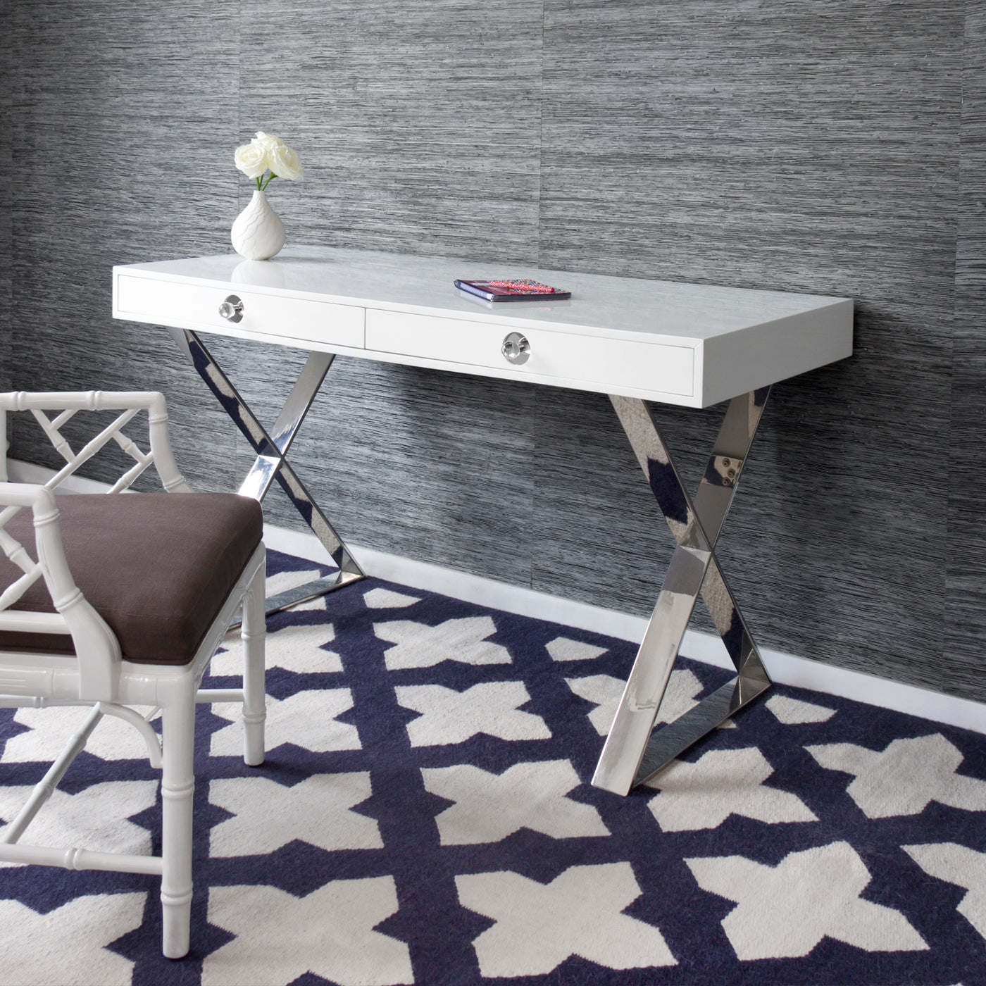 channing desk chippendale arm chair white home office - styled view