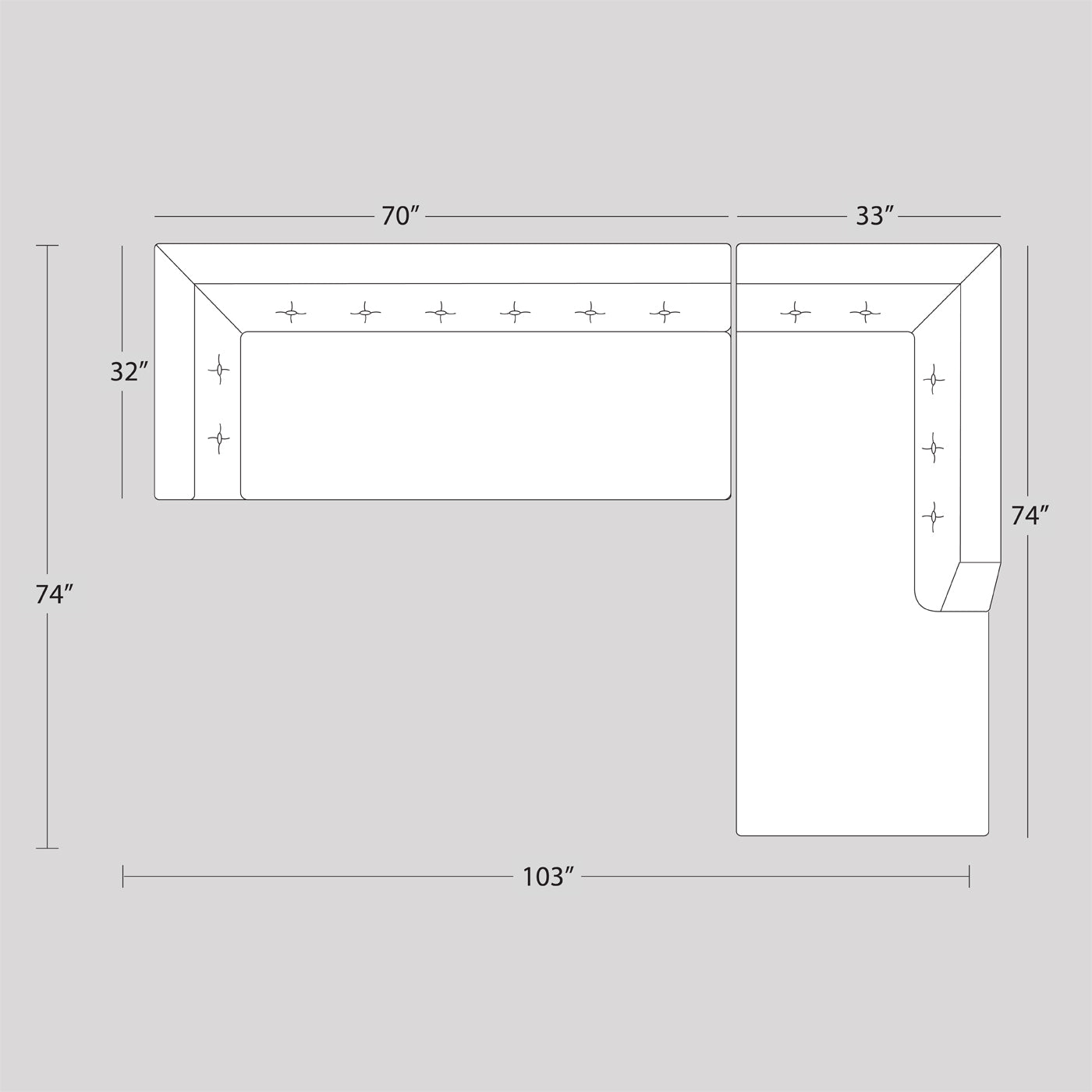 danner sectional right arm facing - measurements view