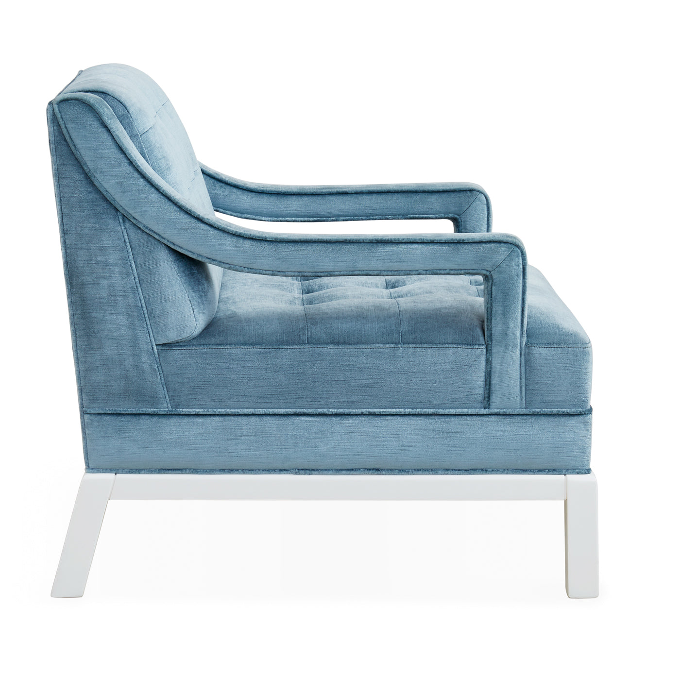 doris chair brussels powder blue velvet white base - side view