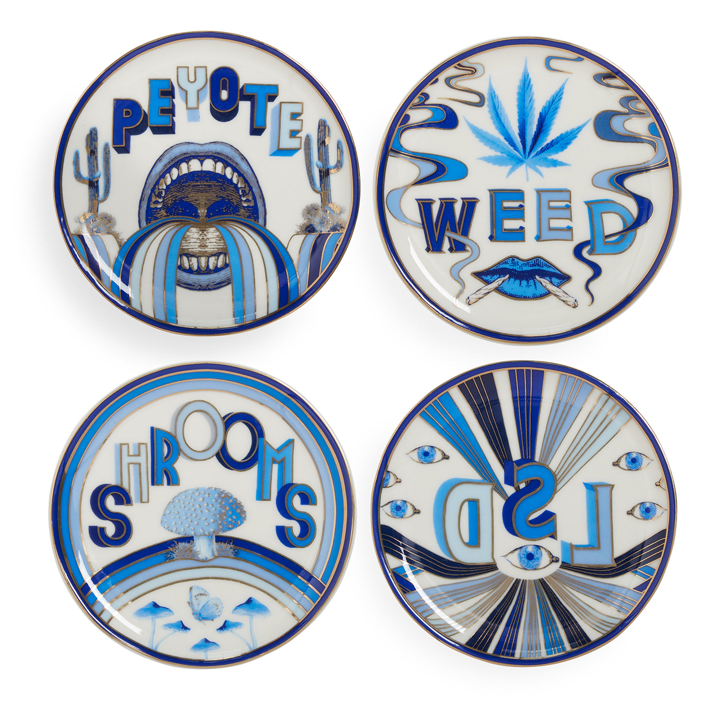 druggist coasters porcelain blue gold - front view