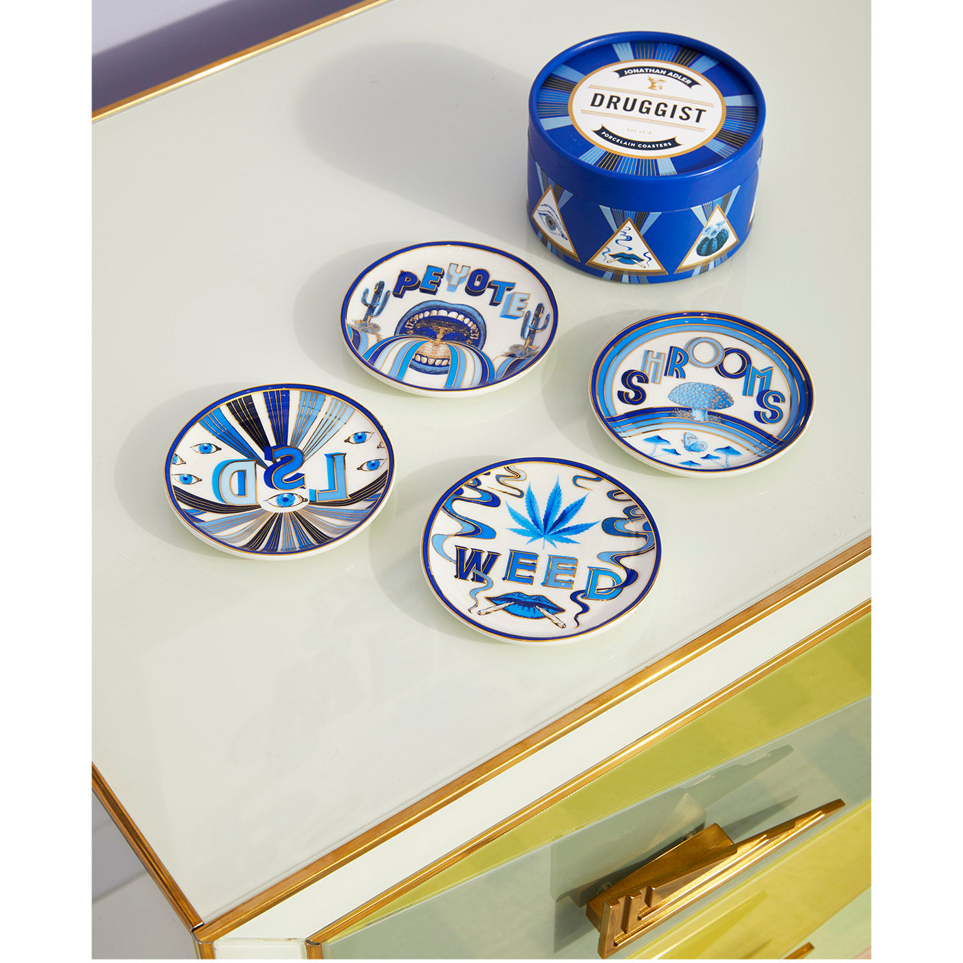 druggist coasters porcelain blue gold - styled view