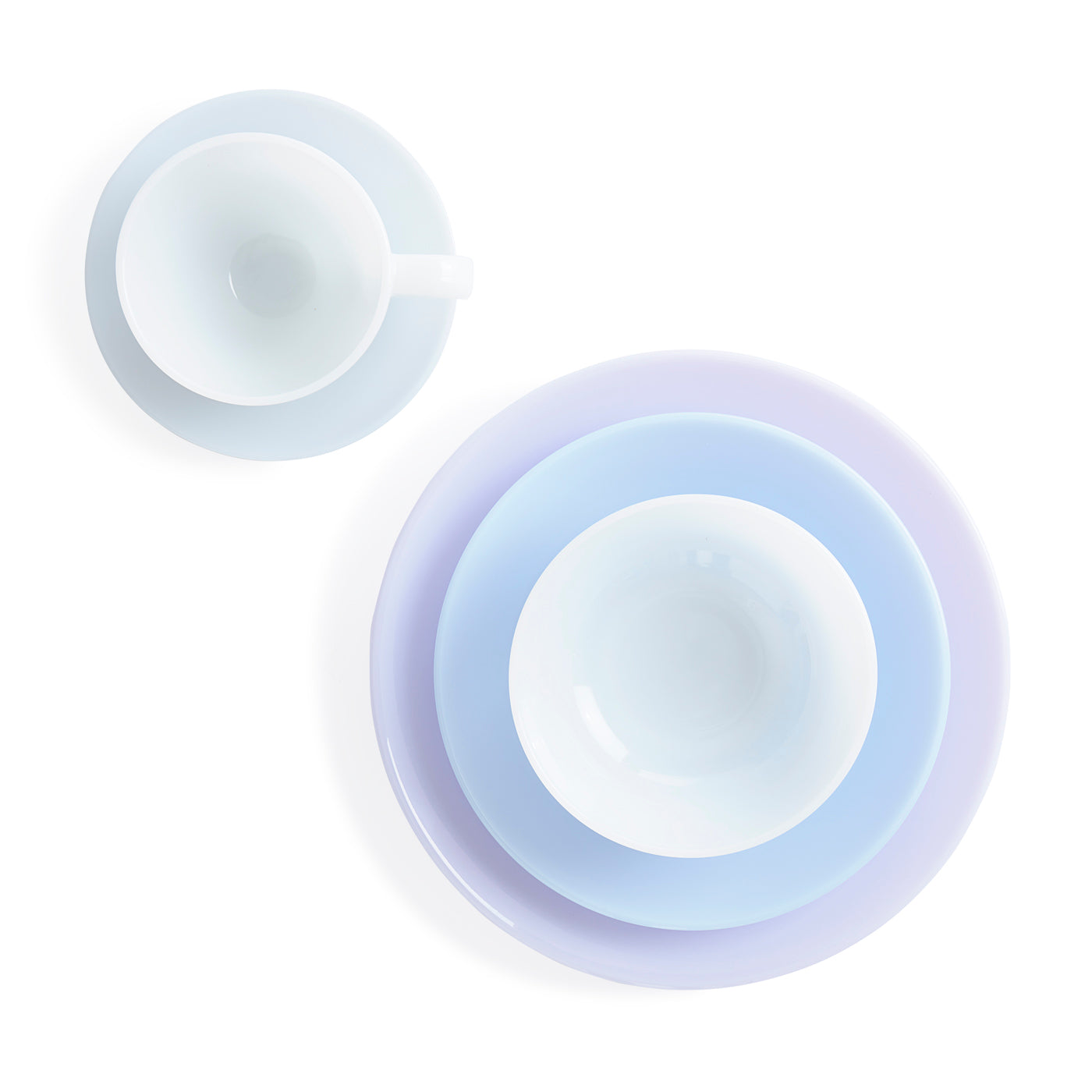 ether five-piece dinner set milk glass blue purple white - top view