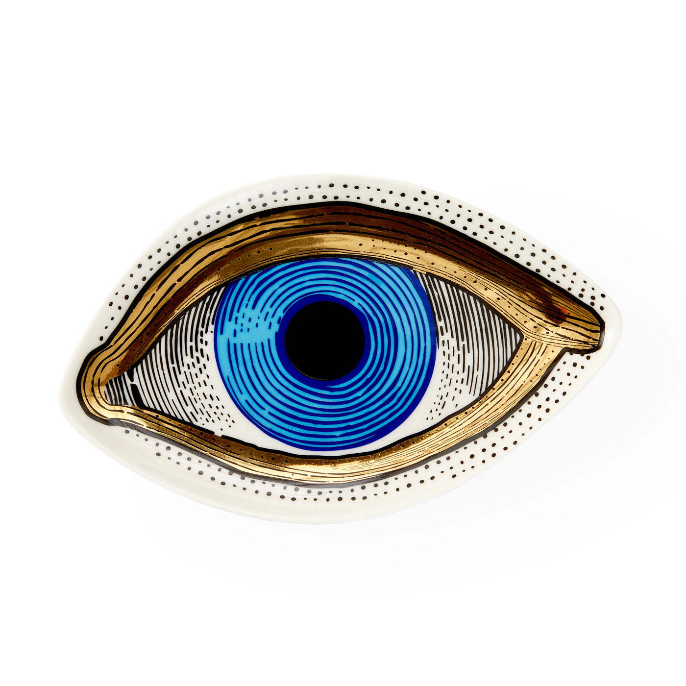 eye trinket tray porcelain blue gold - front view